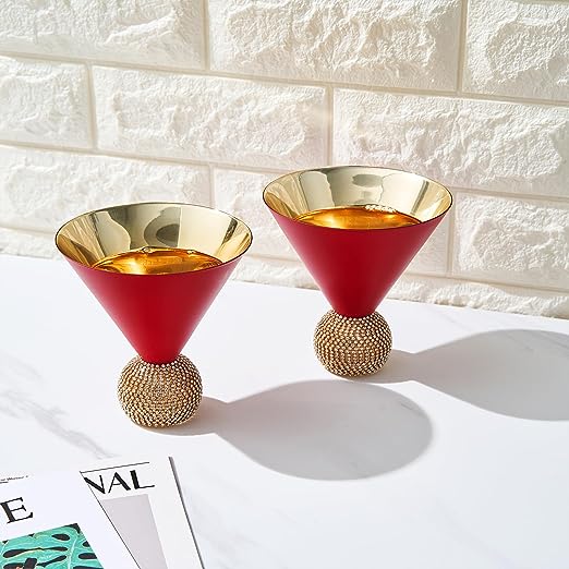 Studded Matte Red  Martini Glasses Set of 2-10.5 oz