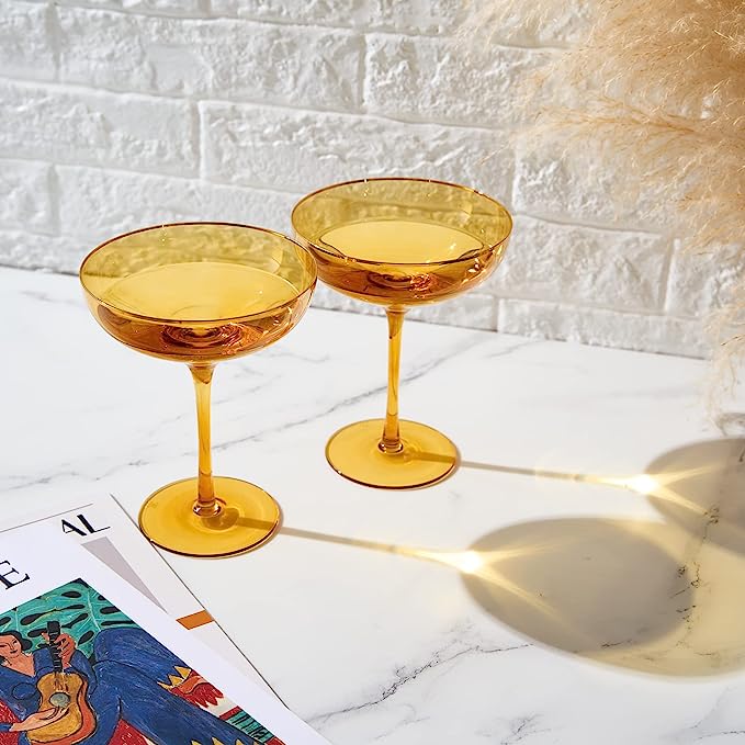 Sunset Yellow & Gilded Rim Coupe Glass Set of 2- 9oz