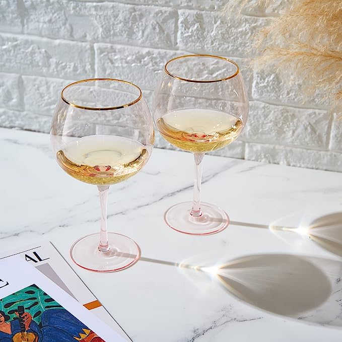 Colored Blush Pink & Gilded Rim Wine Glasses Set of 2 -23oz
