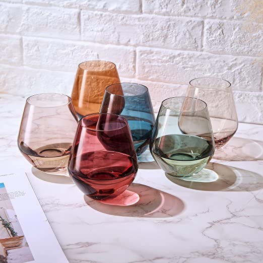 Colored Stemless Crystal Wine Glass Set of 6- 16 oz