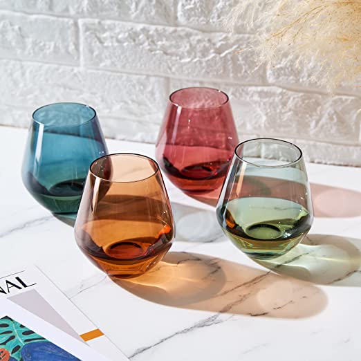 Colored Stemless Crystal Wine Glass Set of 4- 16 oz Glasses