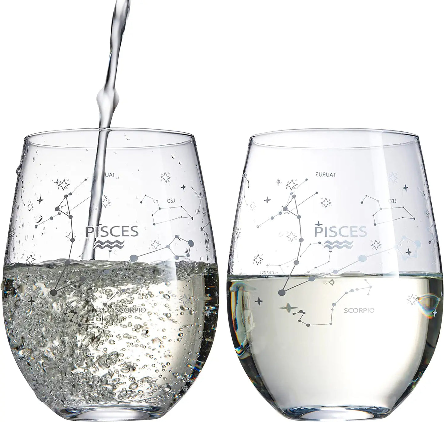 Set of 2 Pisces Zodiac Sign Wine Glasses with 2 Wooden Coasters