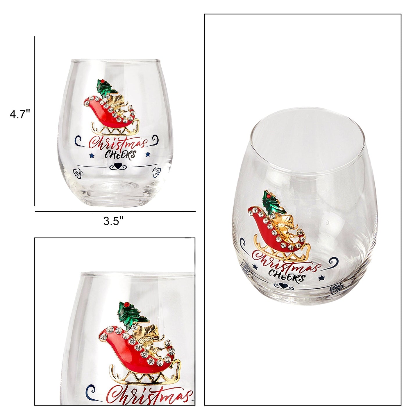 Christmas Santa's Sleigh Crystal Wine & Water Glasses Set of 2- 17.5oz