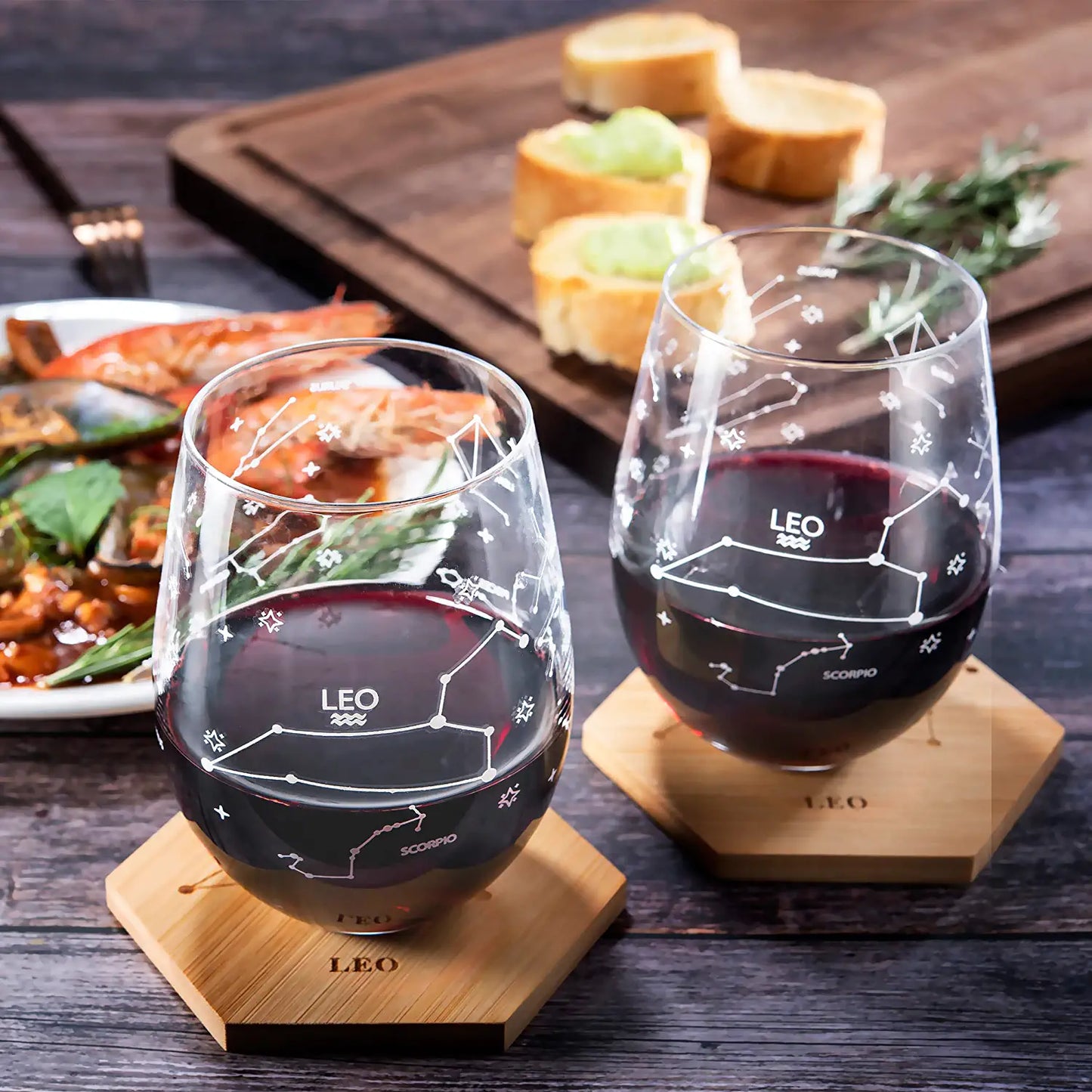 Set of 2 Leo Zodiac Sign Wine Glasses with 2 Wooden Coasters