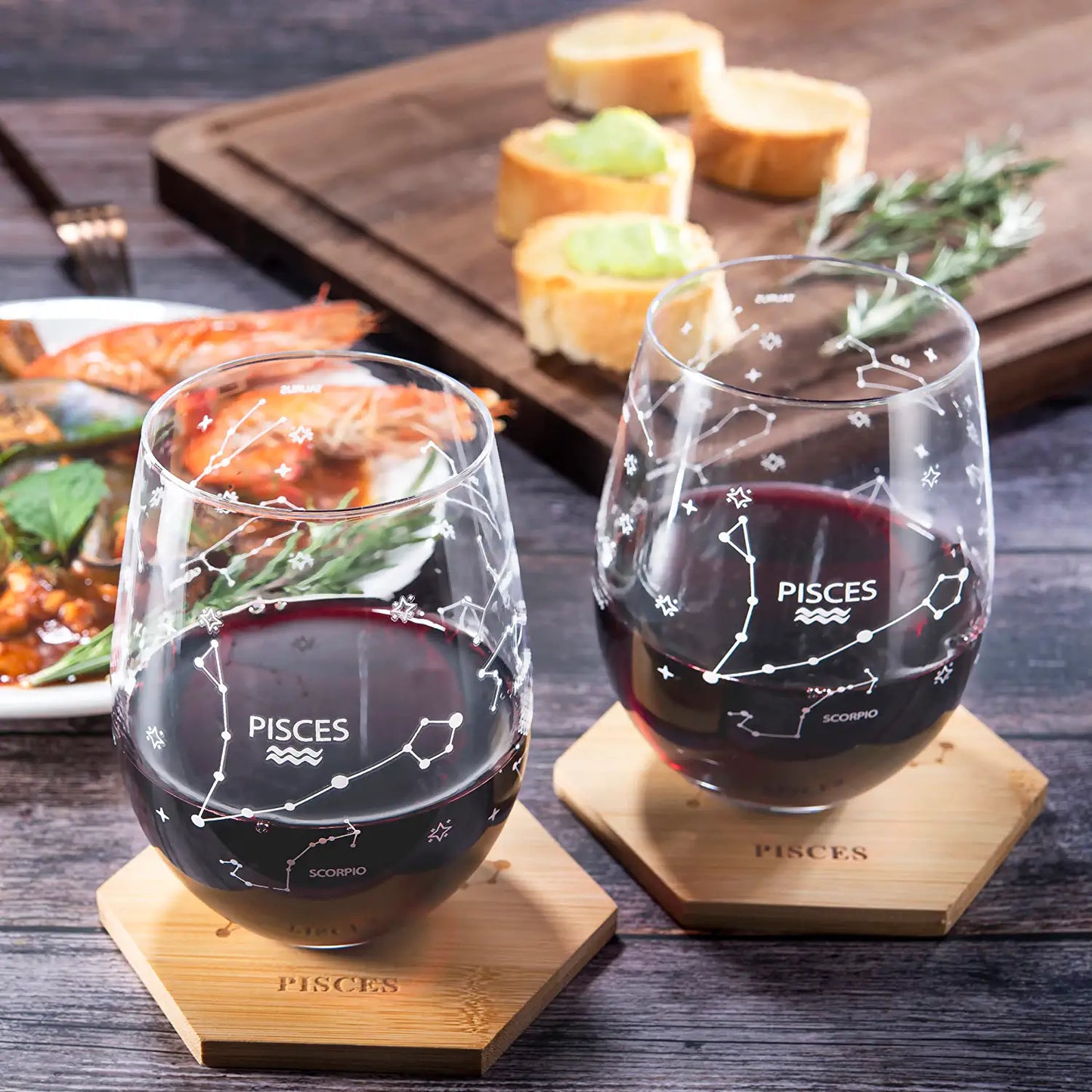 Set of 2 Pisces Zodiac Sign Wine Glasses with 2 Wooden Coasters