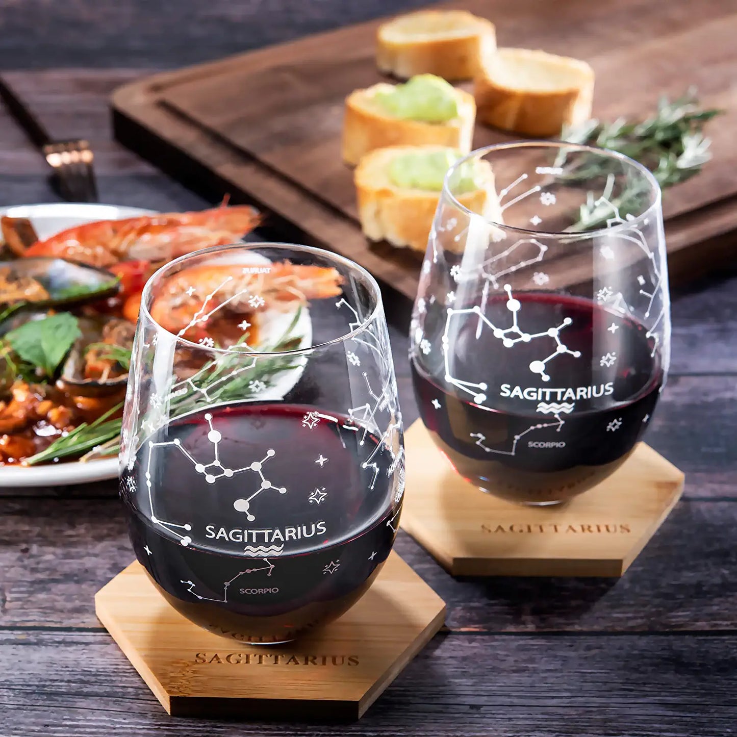 Set of 2 Sagittarius Zodiac Sign Wine Glasses & 2 Wooden Coasters