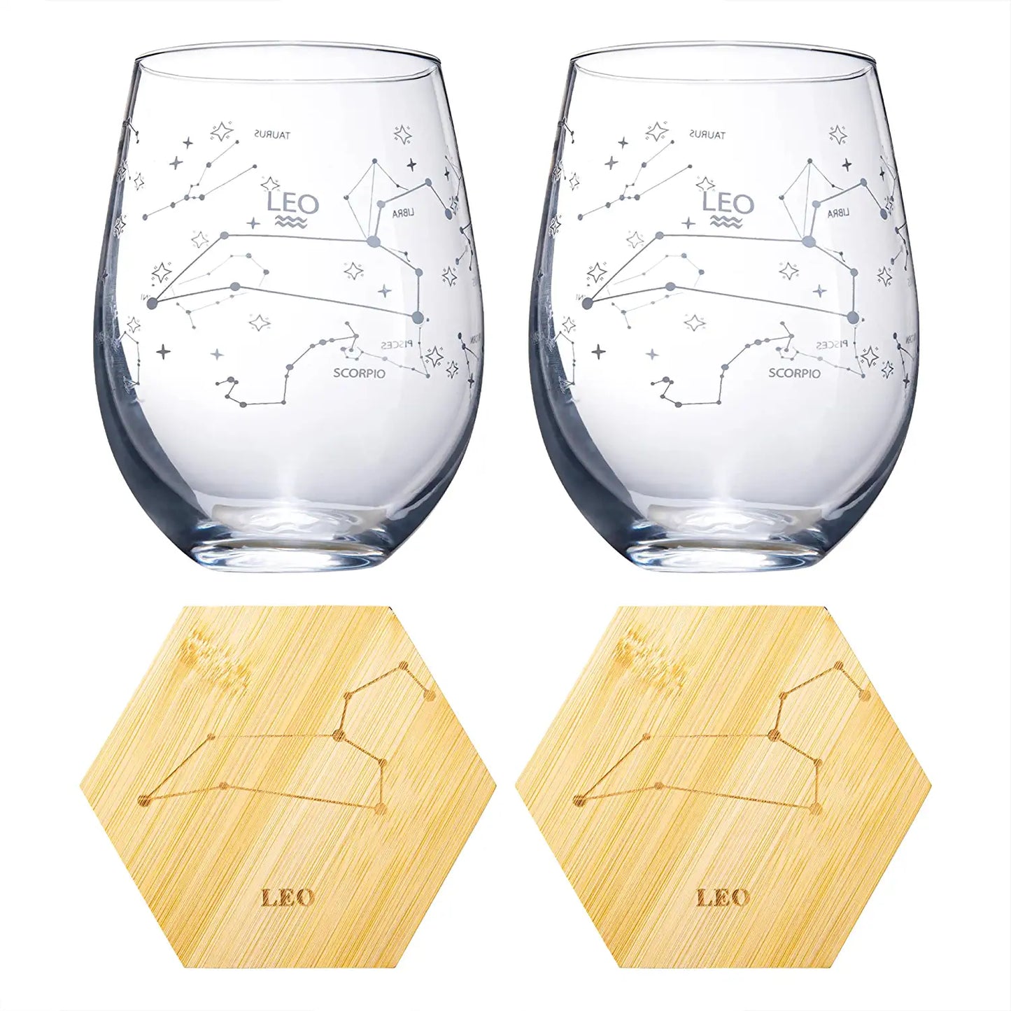 Set of 2 Leo Zodiac Sign Wine Glasses with 2 Wooden Coasters