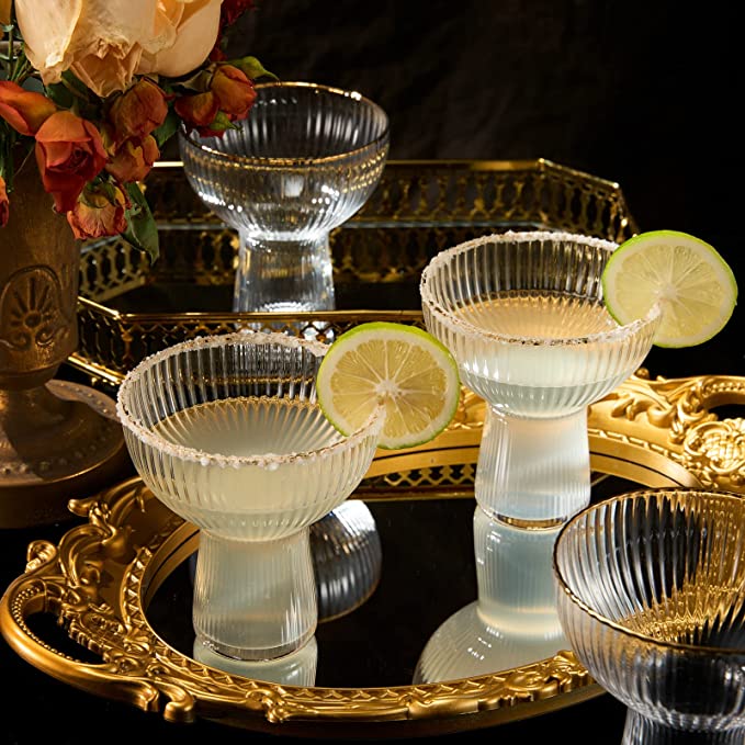 Ribbed Stemless Margarita Glasses with Gold Rim -Set of 4- 10 oz