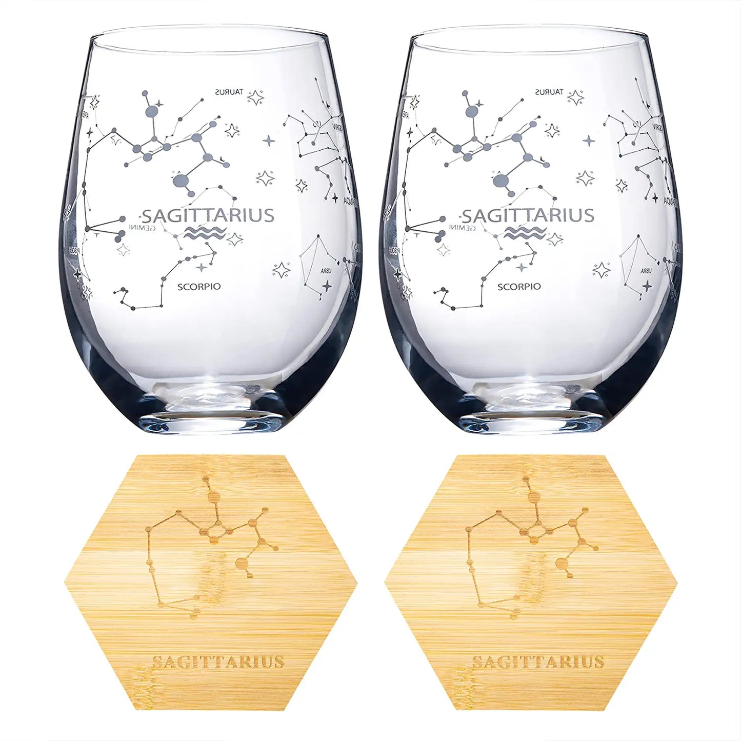 Set of 2 Sagittarius Zodiac Sign Wine Glasses & 2 Wooden Coasters