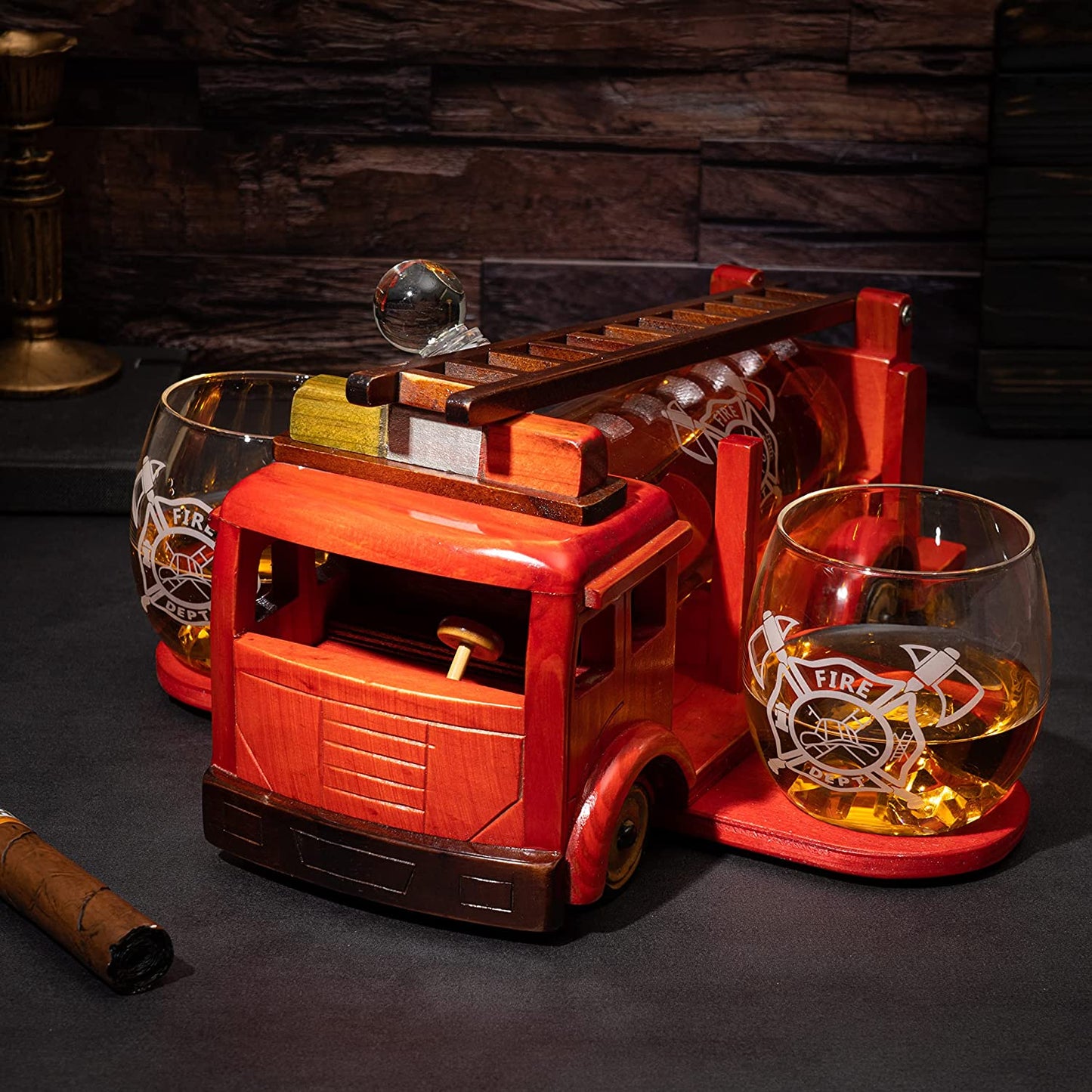 Firetruck Whiskey Decanter with Two 12 oz Glasses