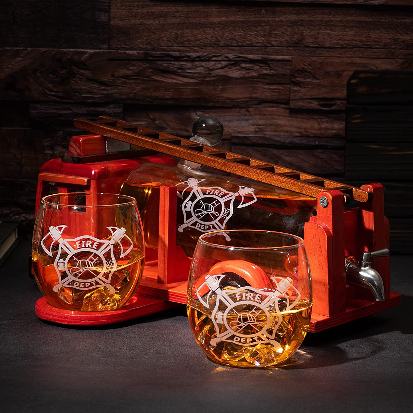 Firetruck Whiskey Decanter with Two 12 oz Glasses