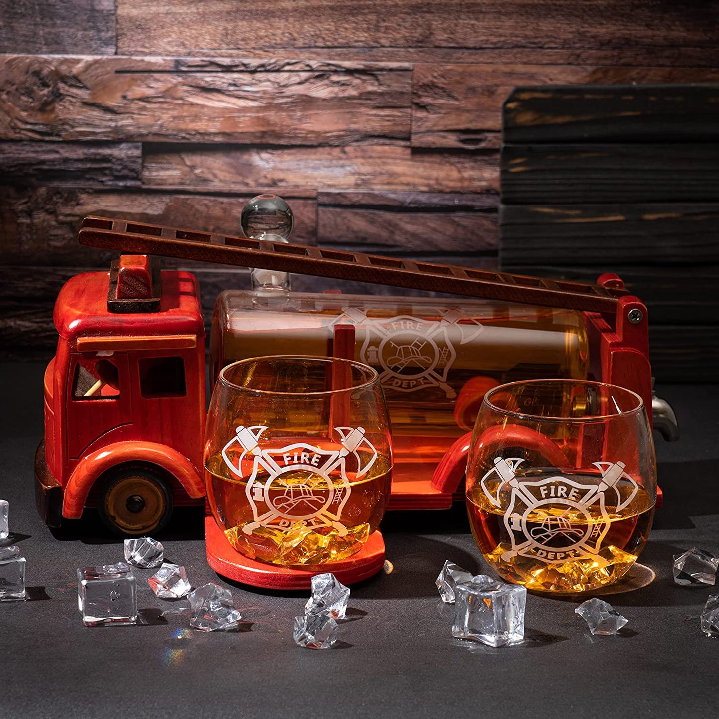 Firetruck Whiskey Decanter with Two 12 oz Glasses