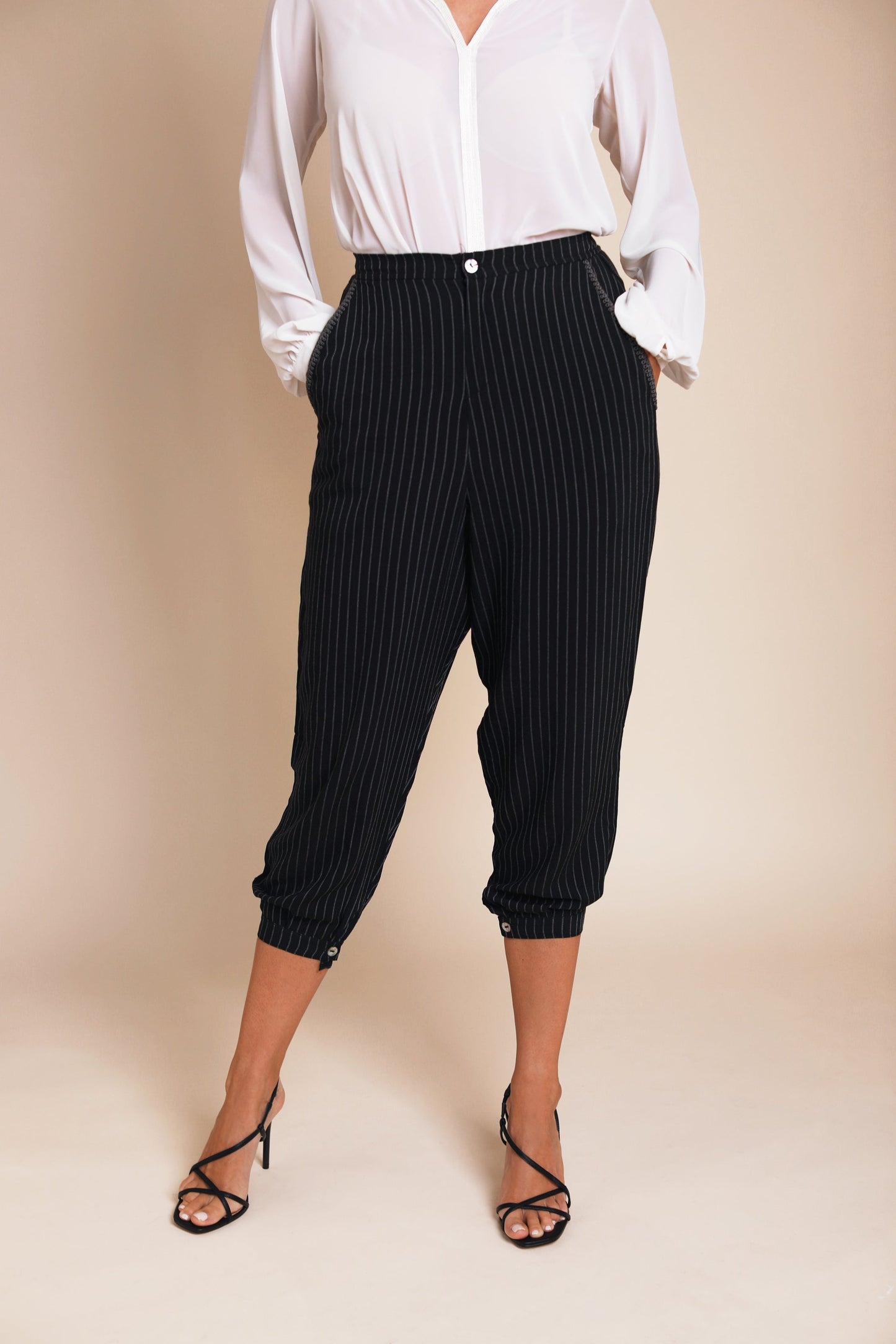 Pinstriped Pants with embroidered details by BYNES NEW YORK | Apparel & Accessories