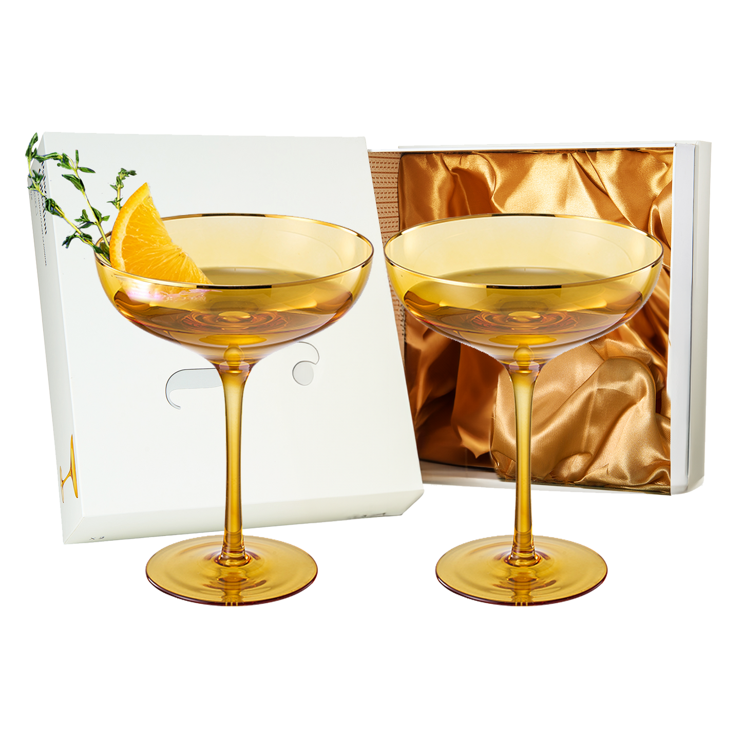 Sunset Yellow & Gilded Rim Coupe Glass Set of 2- 9oz