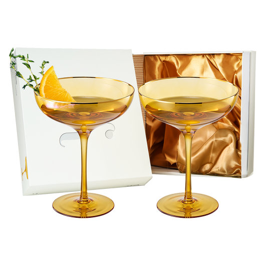 Sunset Yellow & Gilded Rim Coupe Glass Set of 2- 9oz