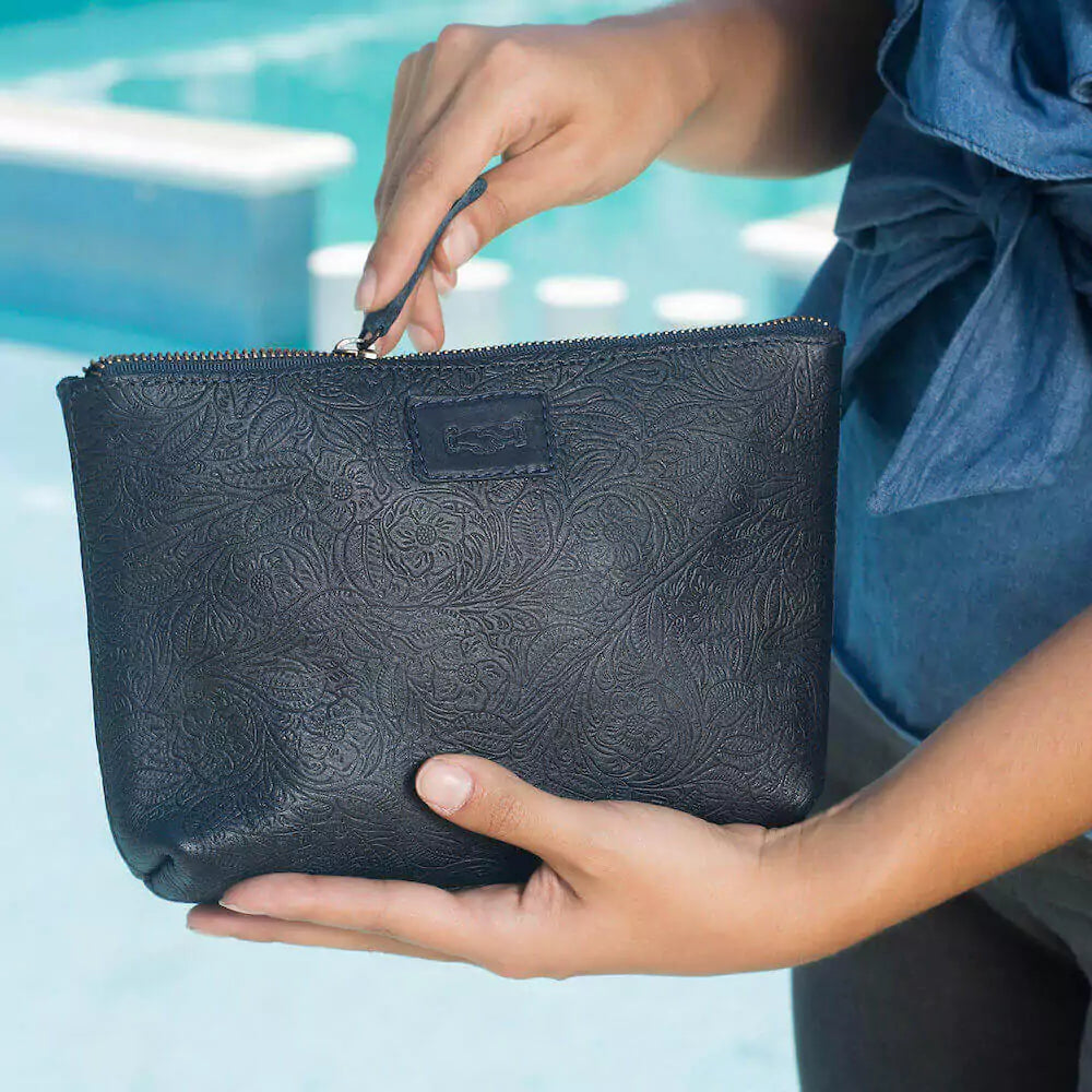 Tooled Leather Large Zippered Pouch by Mission Mercantile Leather Goods