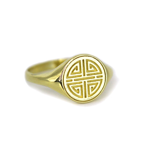 14k Gold Long Healthy Life Pattern Signet Ring by VicStoneNYC Fine Jewelry