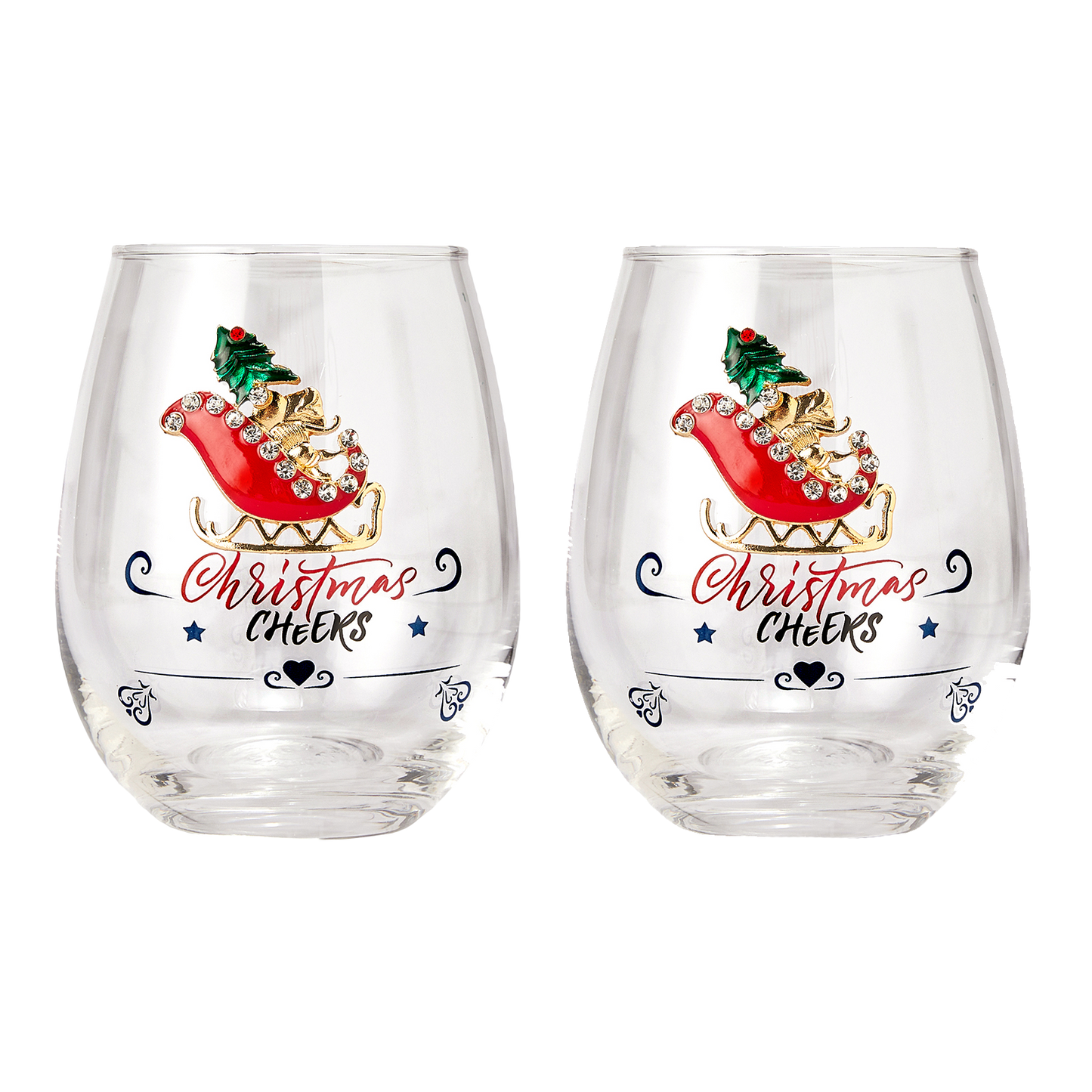 Christmas Santa's Sleigh Crystal Wine & Water Glasses Set of 2- 17.5oz