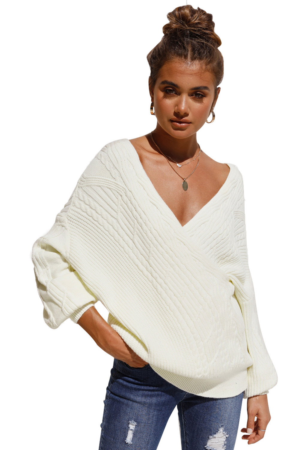 Beige Wrap V Neck Lantern Sleeve Textured Sweater by BYNES NEW YORK | Apparel & Accessories