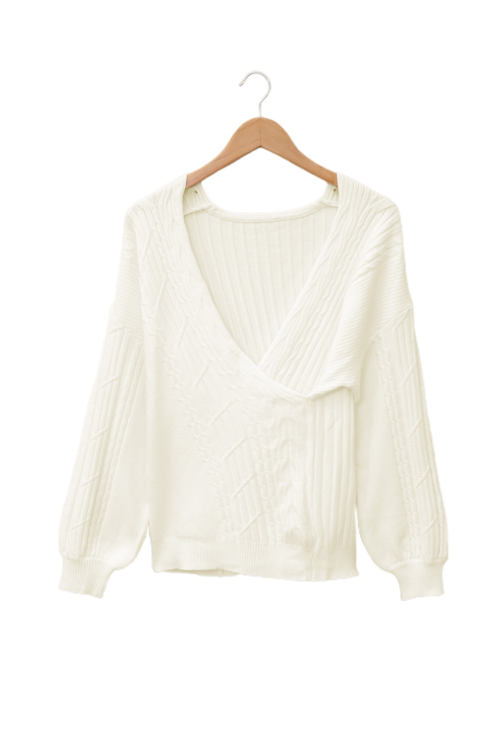 Beige Wrap V Neck Lantern Sleeve Textured Sweater by BYNES NEW YORK | Apparel & Accessories