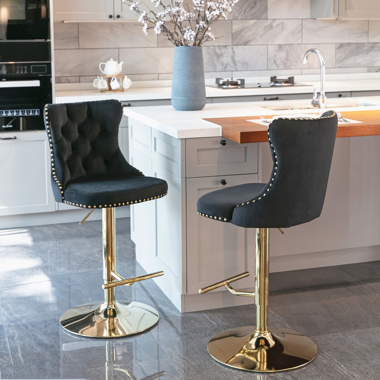 Set of 2 Modern Adjustable Velvet Swivel Bar Stools by Blak Hom