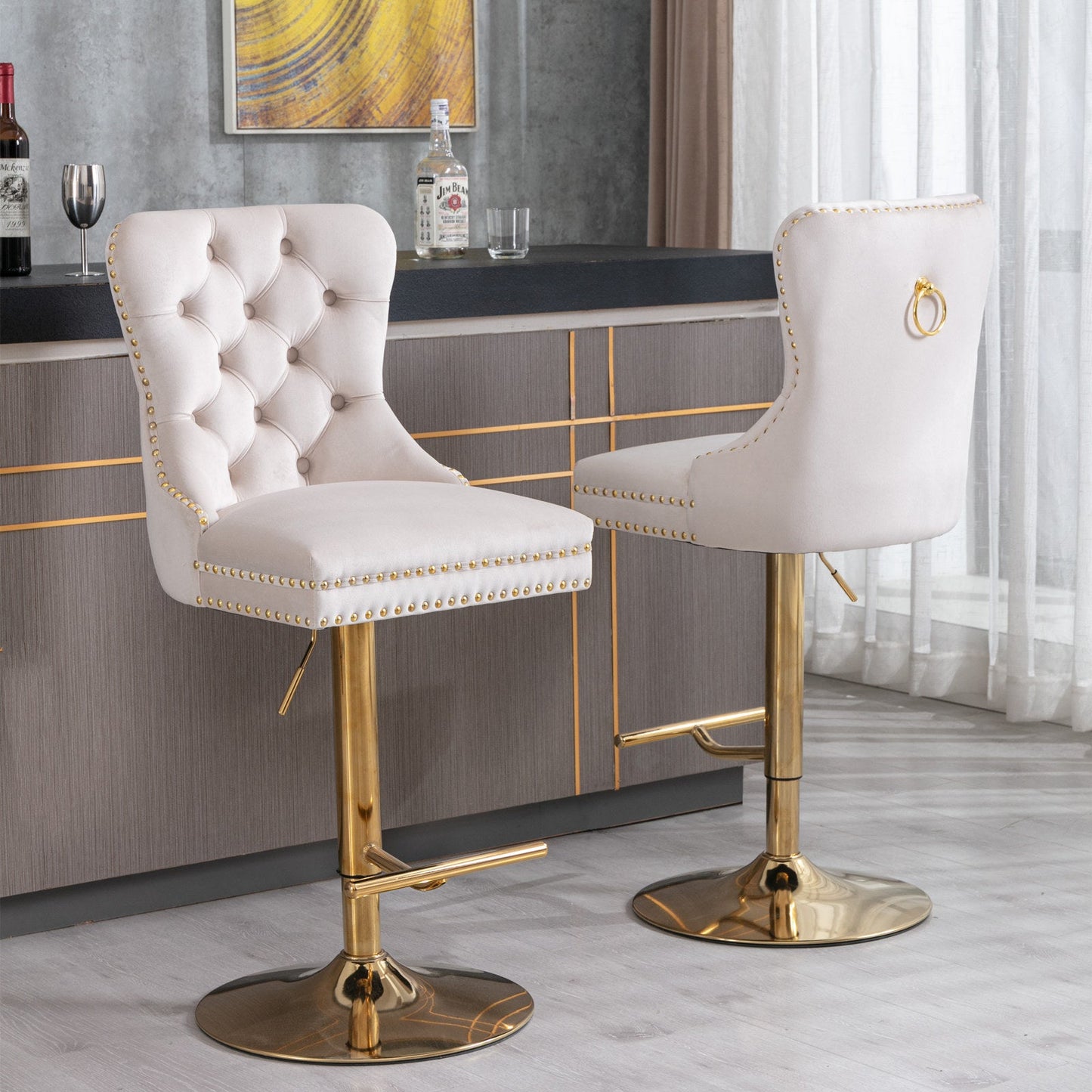 Set of 2 Thick Golden Swivel Velvet Barstools by Blak Hom