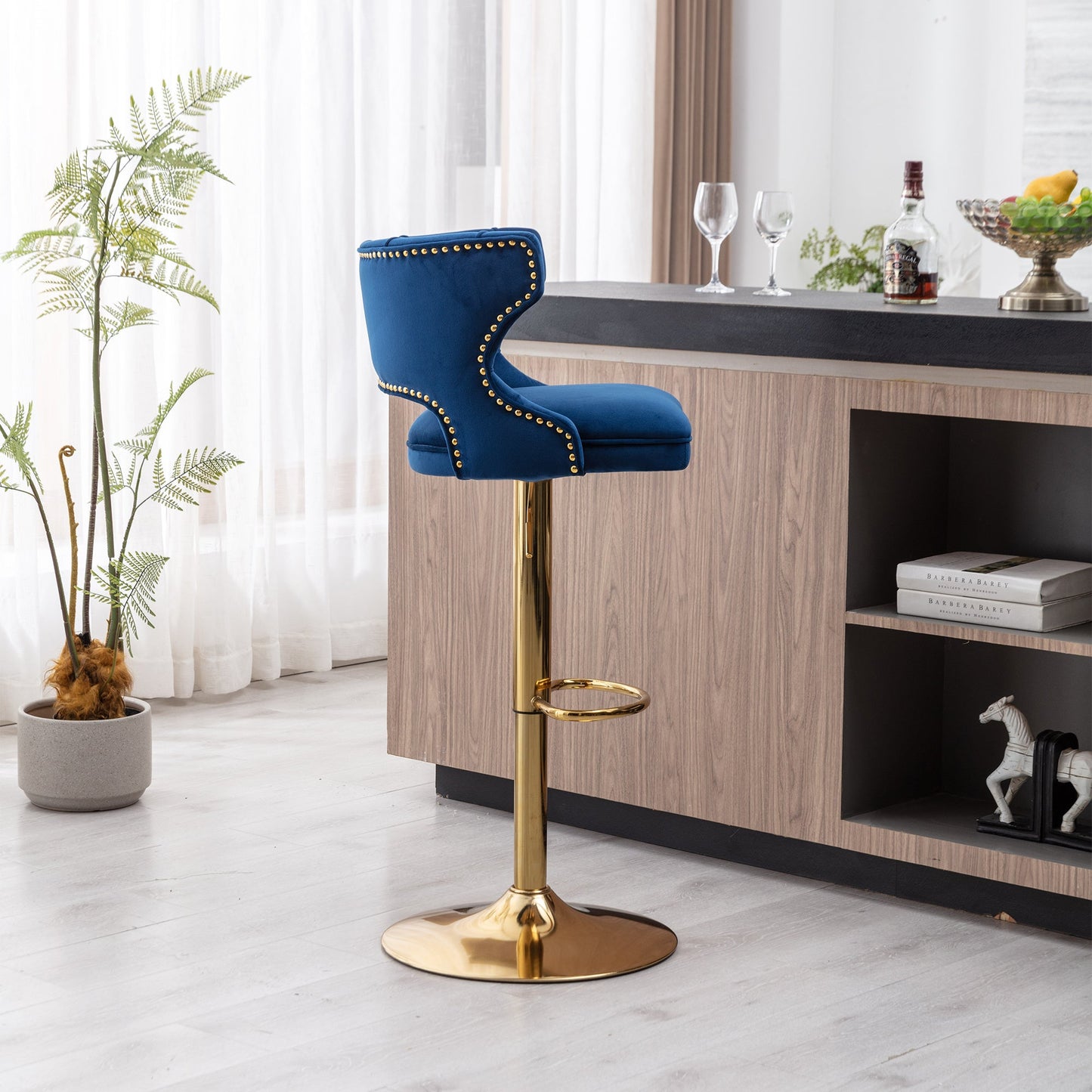 Set of 2 Modern Fashionable Velvet Bar Stools With Back and Footrest by Blak Hom