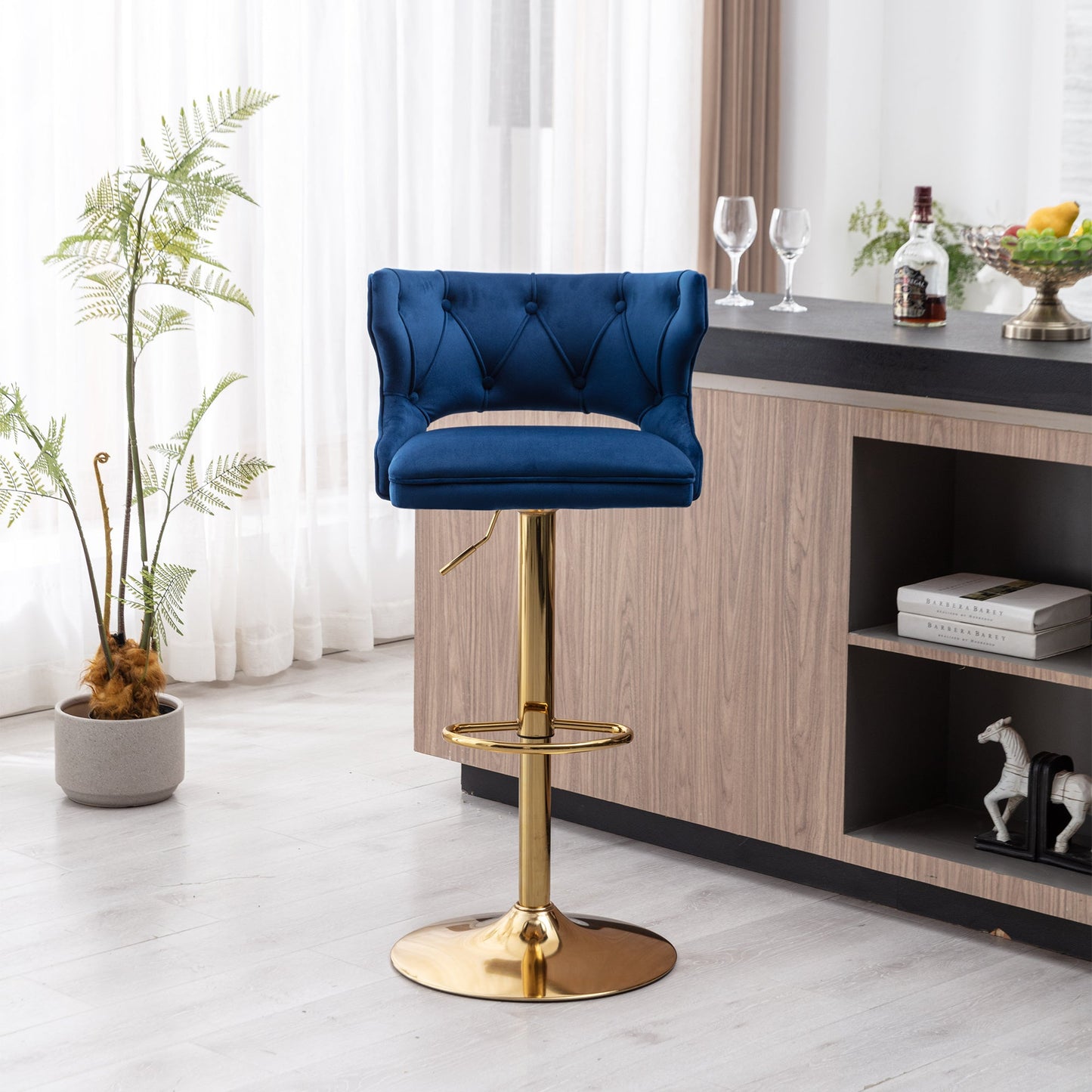 Set of 2 Modern Fashionable Velvet Bar Stools With Back and Footrest by Blak Hom