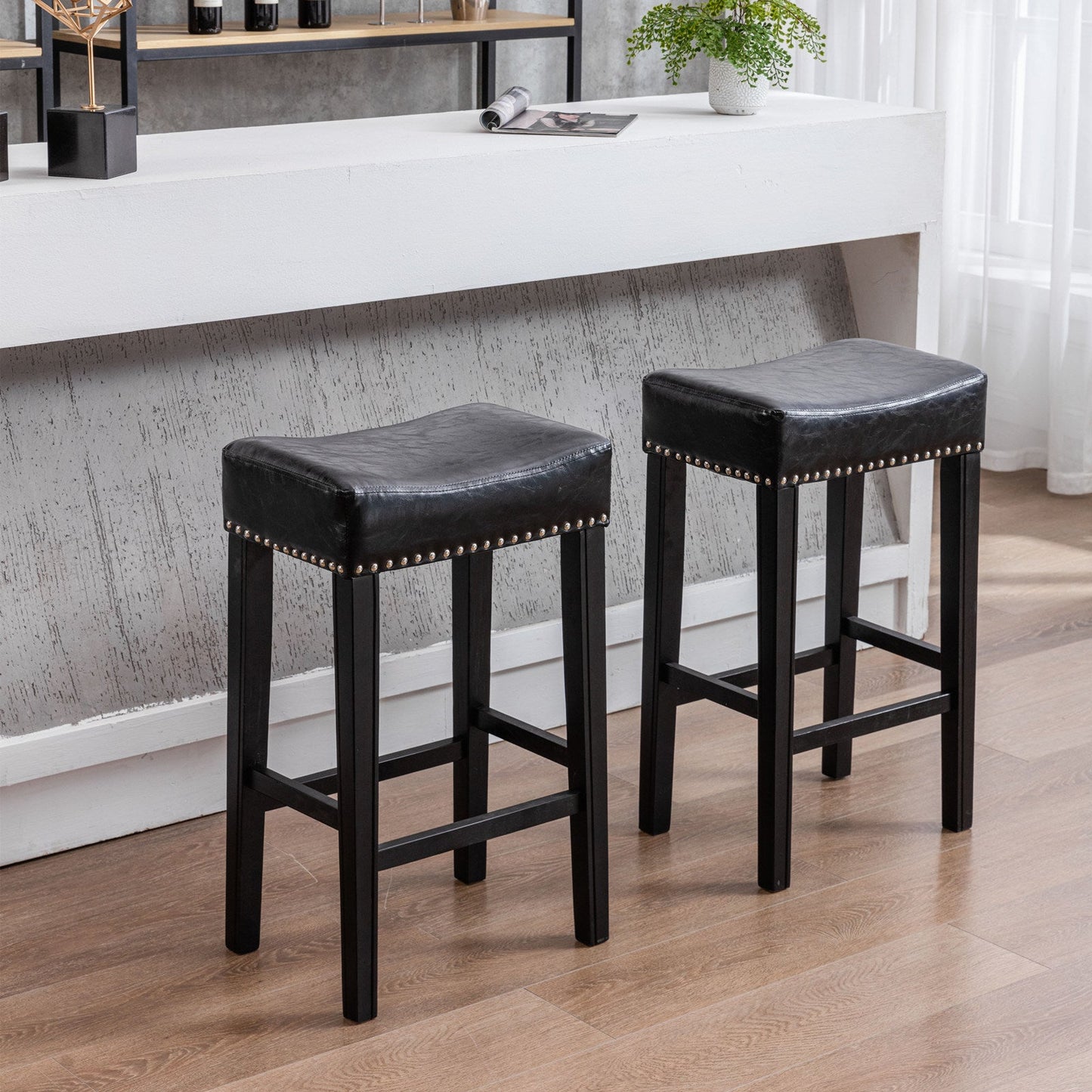 Set of 2 Counter Hight Faux Leather Stools Farmhouse Style by Blak Hom