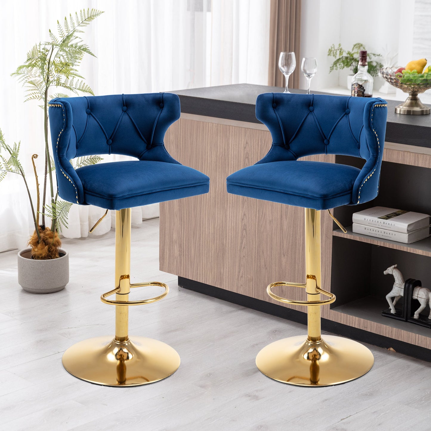 Set of 2 Modern Fashionable Velvet Bar Stools With Back and Footrest by Blak Hom