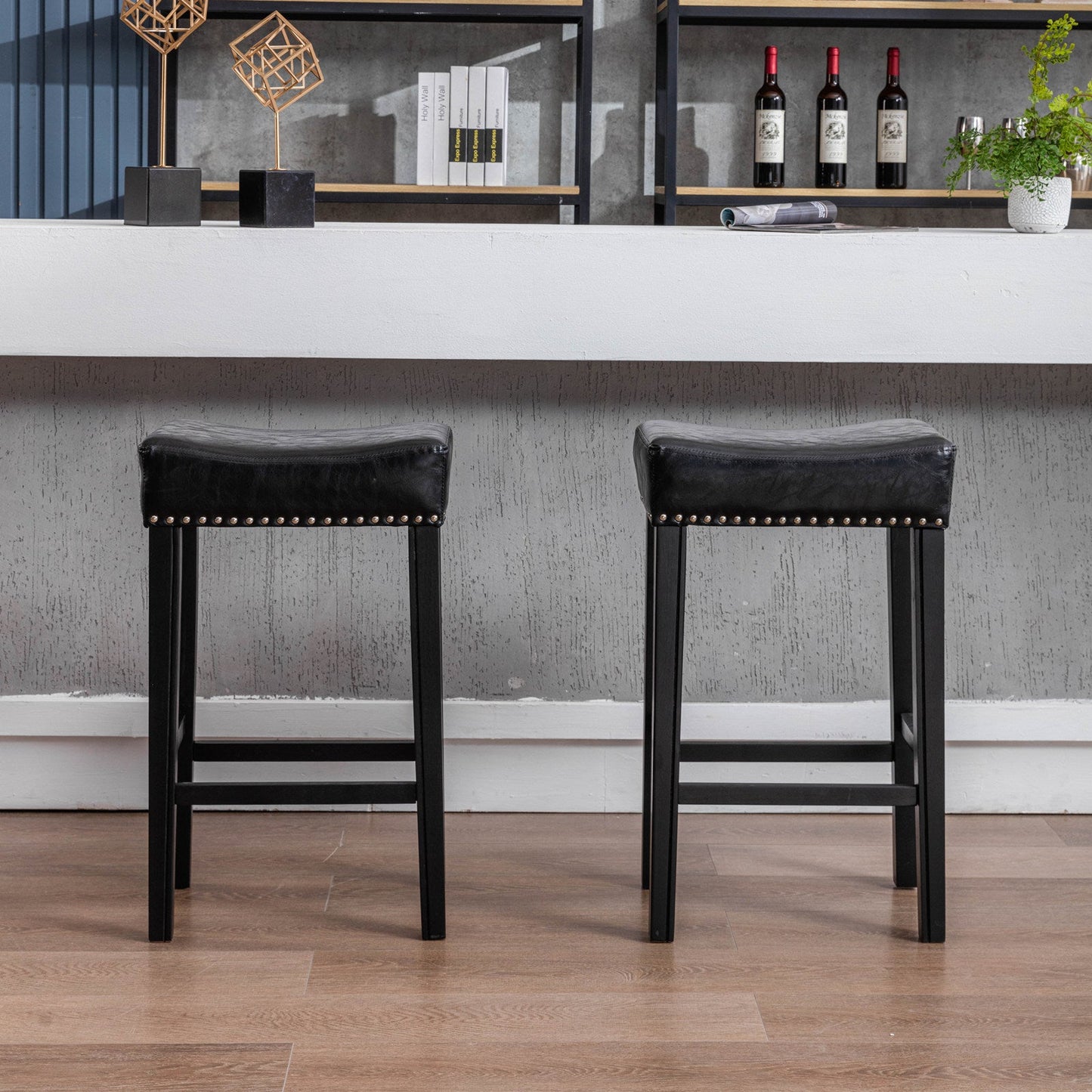 Set of 2 Counter Hight Faux Leather Stools Farmhouse Style by Blak Hom