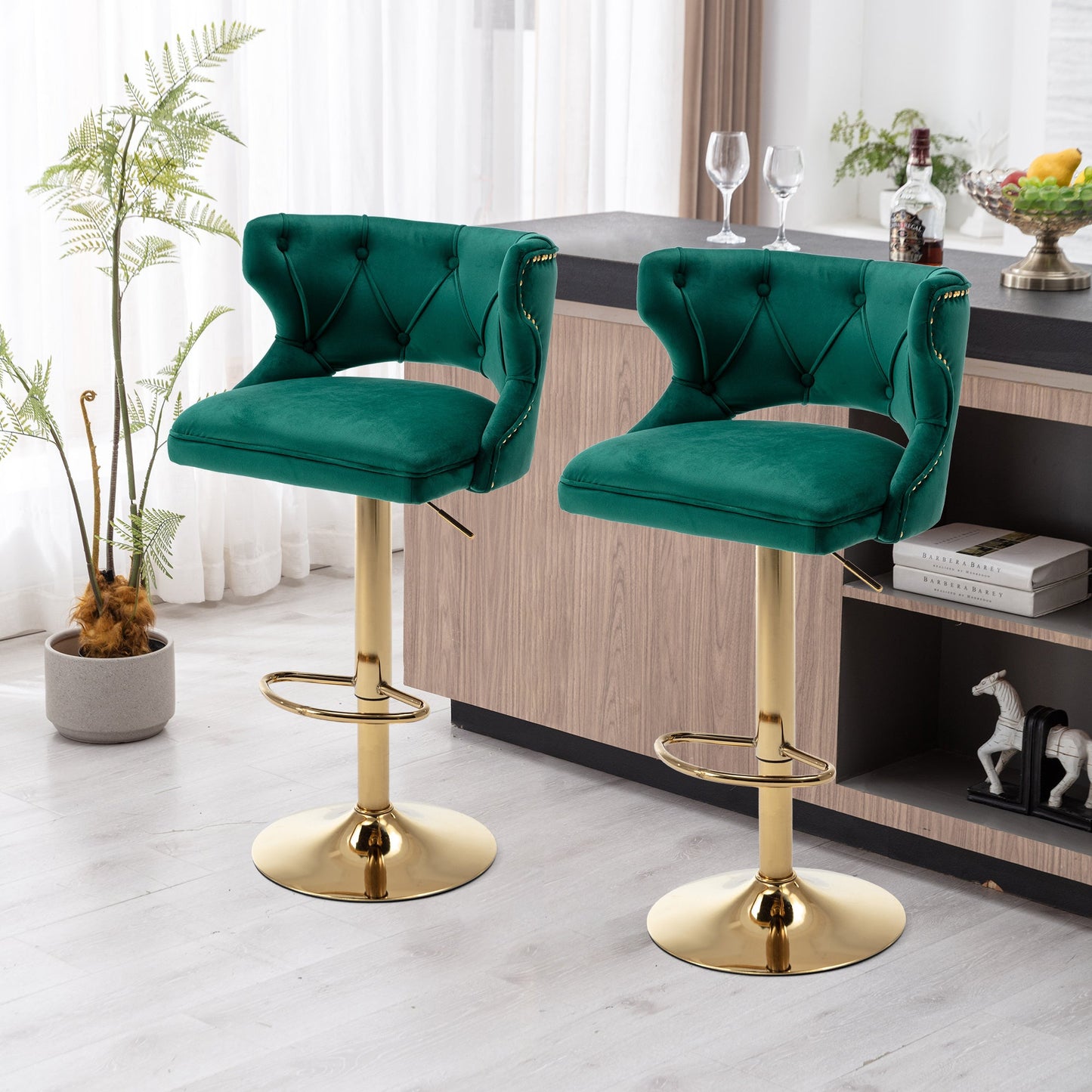 Set of 2 Modern Fashionable Velvet Bar Stools With Back and Footrest by Blak Hom