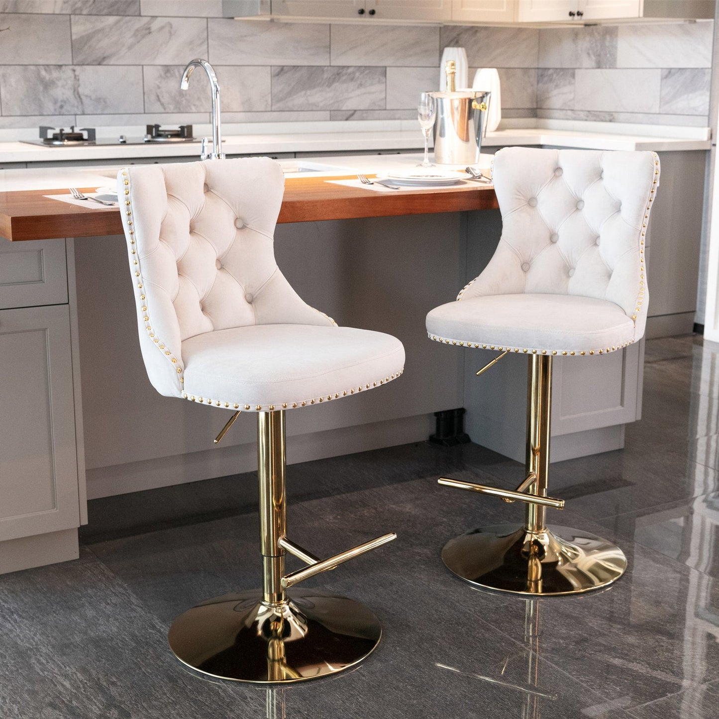 Set of 2 Modern Adjustable Velvet Swivel Bar Stools by Blak Hom