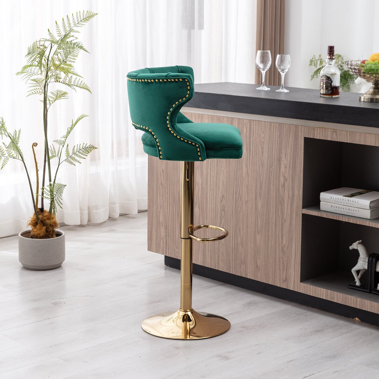 Set of 2 Modern Fashionable Velvet Bar Stools With Back and Footrest by Blak Hom