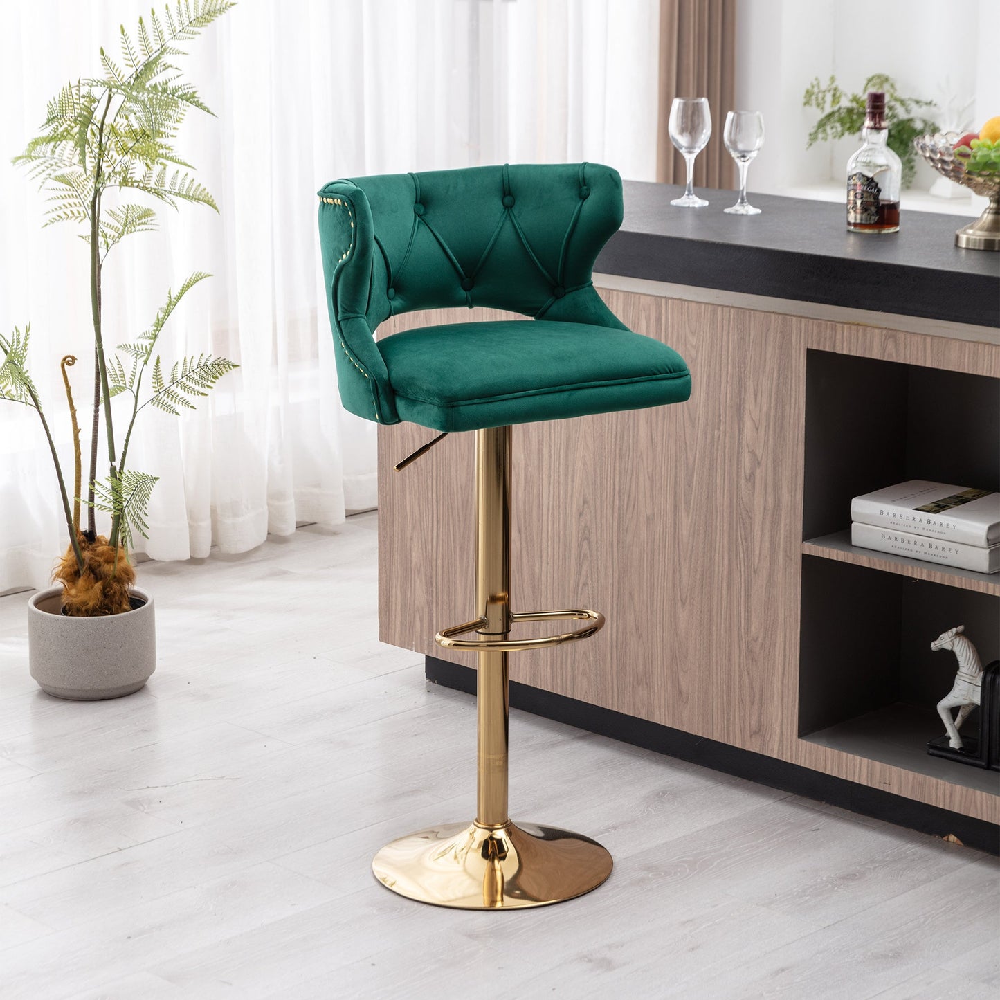 Set of 2 Modern Fashionable Velvet Bar Stools With Back and Footrest by Blak Hom