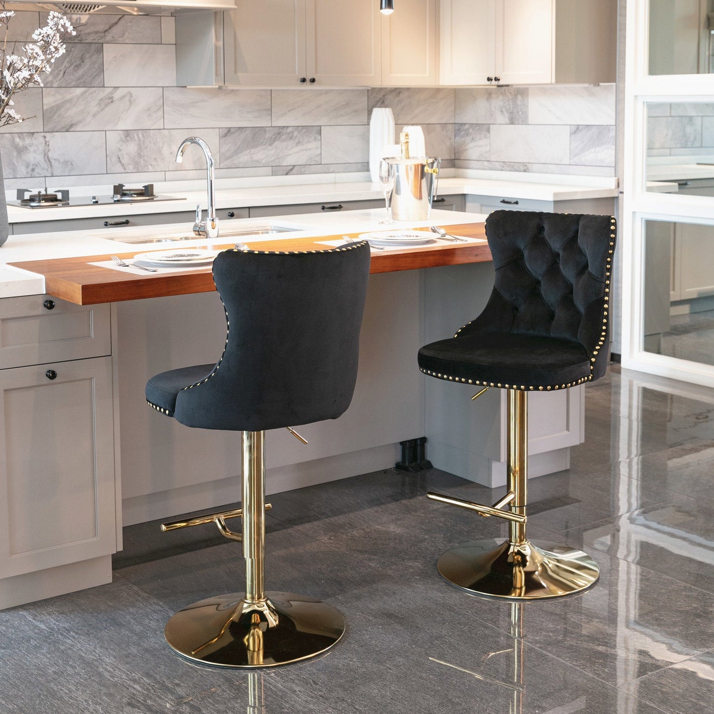 Set of 2 Modern Adjustable Velvet Swivel Bar Stools by Blak Hom