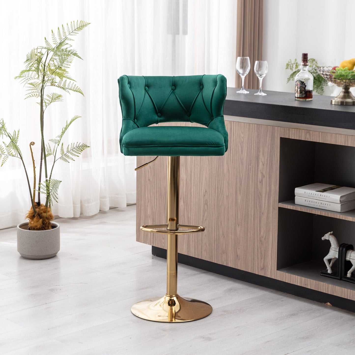 Set of 2 Modern Fashionable Velvet Bar Stools With Back and Footrest by Blak Hom