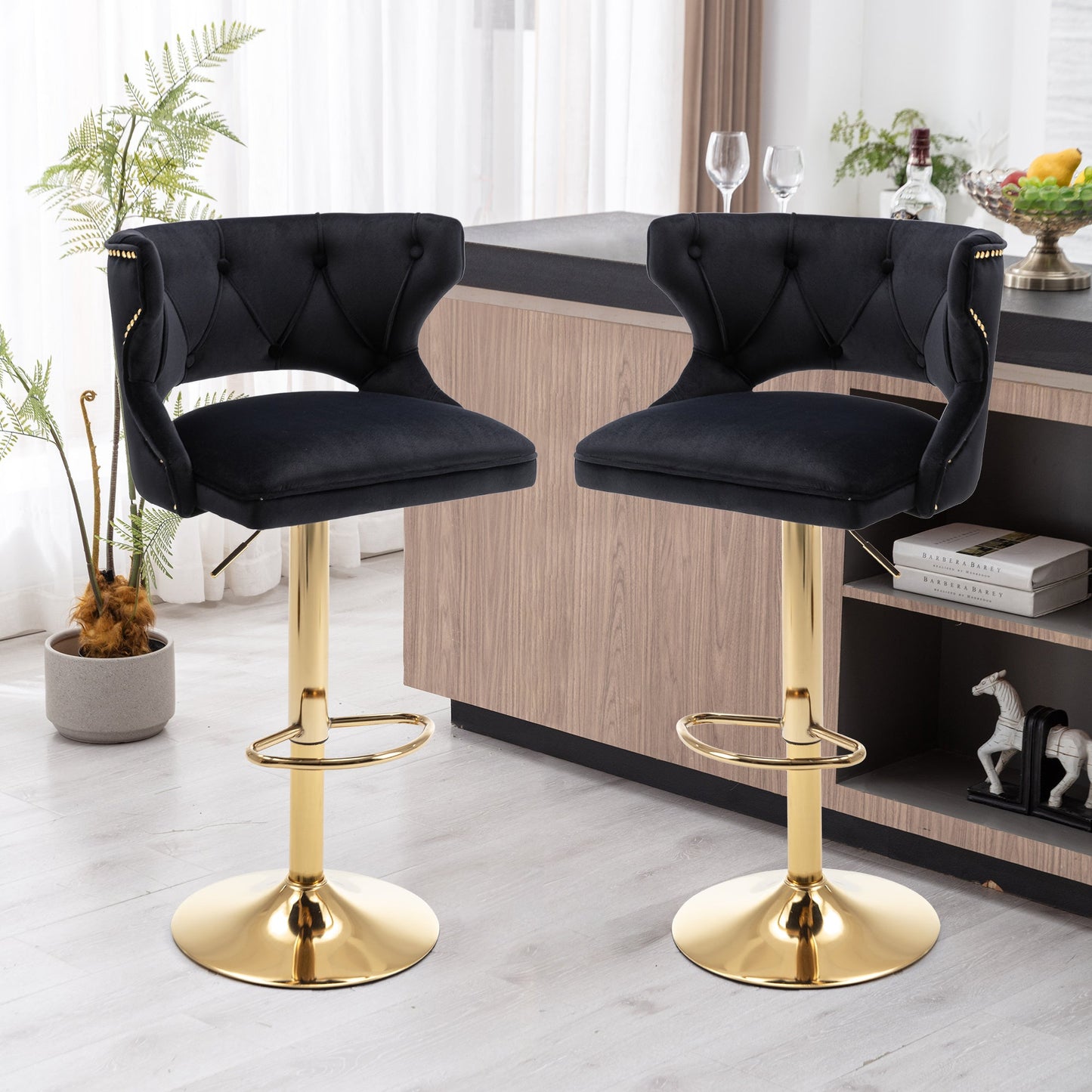 Set of 2 Modern Fashionable Velvet Bar Stools With Back and Footrest by Blak Hom