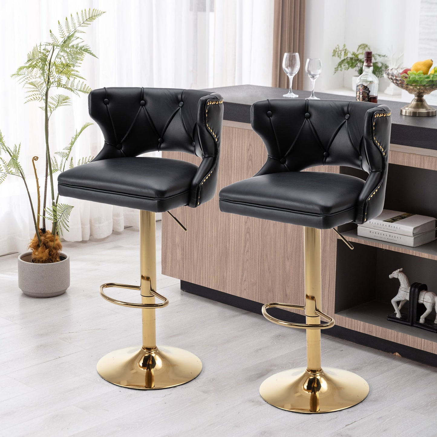 Set of 2 Modern Fashionable Velvet Bar Stools With Back and Footrest by Blak Hom