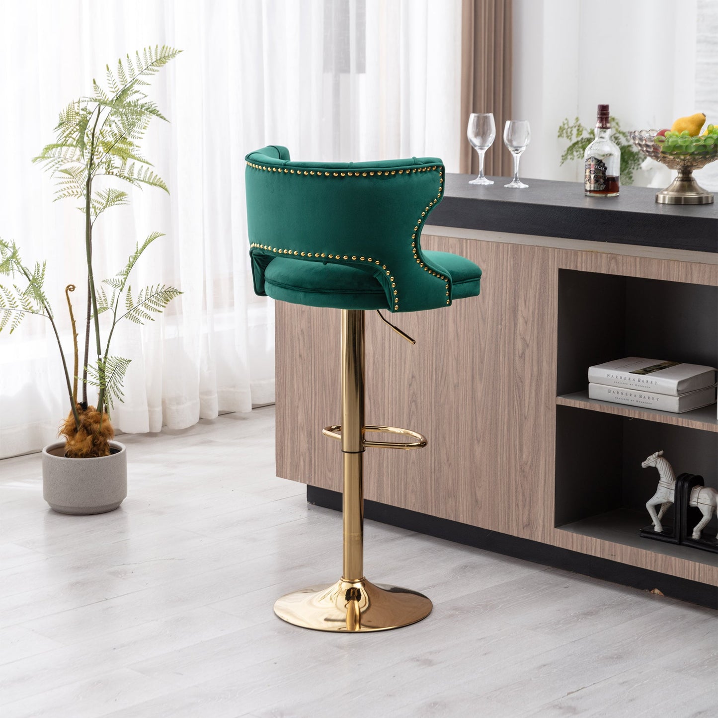 Set of 2 Modern Fashionable Velvet Bar Stools With Back and Footrest by Blak Hom