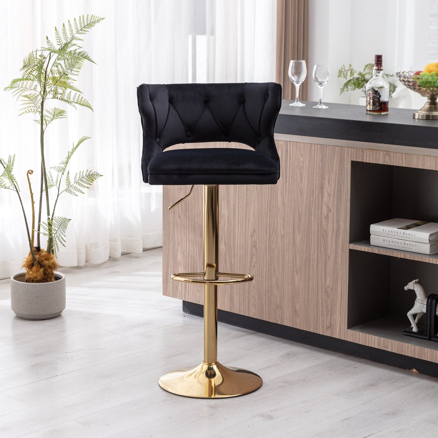 Set of 2 Modern Fashionable Velvet Bar Stools With Back and Footrest by Blak Hom