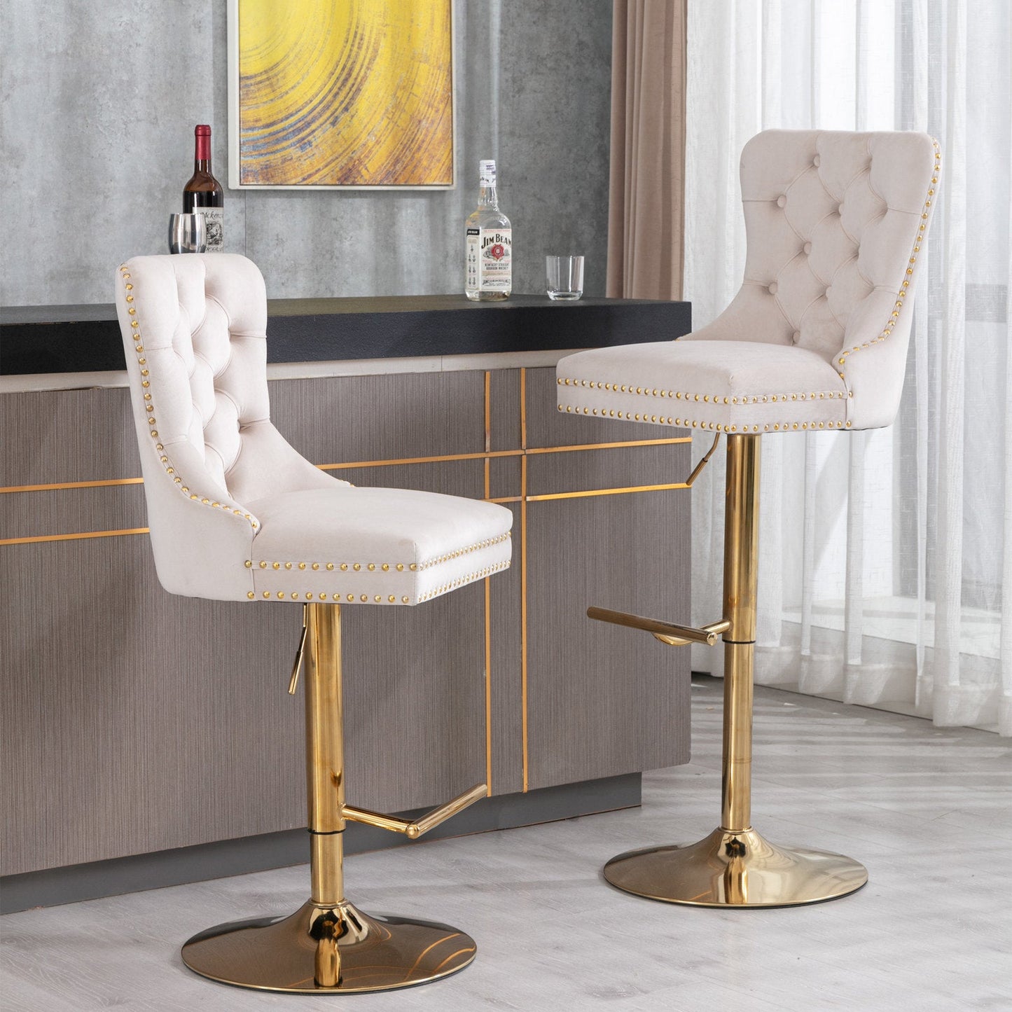 Set of 2 Thick Golden Swivel Velvet Barstools by Blak Hom