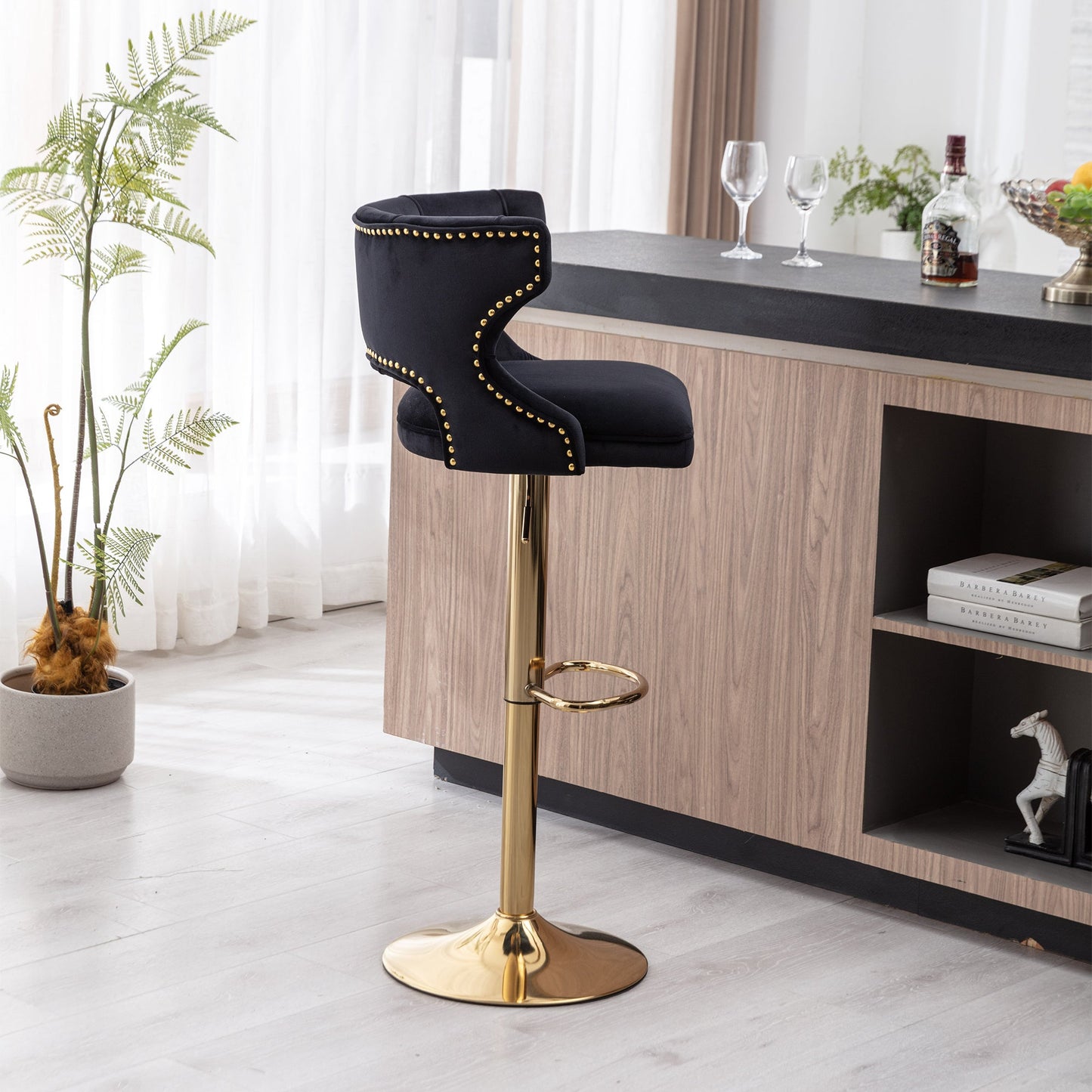 Set of 2 Modern Fashionable Velvet Bar Stools With Back and Footrest by Blak Hom