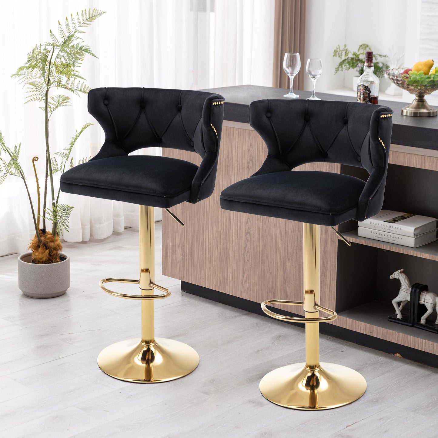 Set of 2 Modern Fashionable Velvet Bar Stools With Back and Footrest by Blak Hom