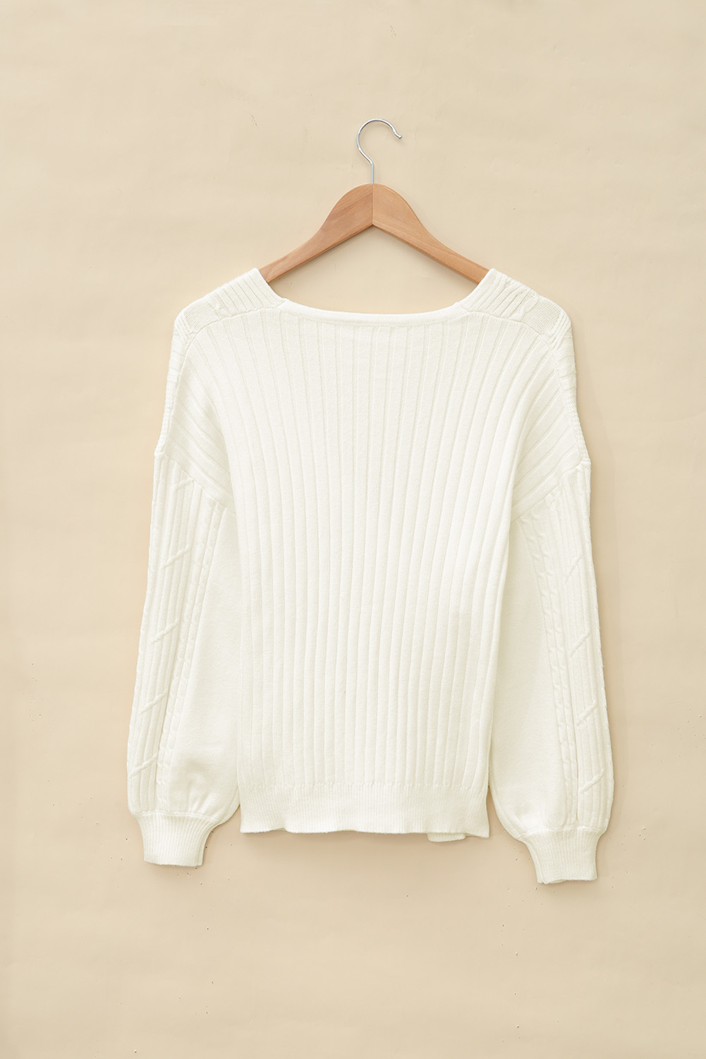 Beige Wrap V Neck Lantern Sleeve Textured Sweater by BYNES NEW YORK | Apparel & Accessories