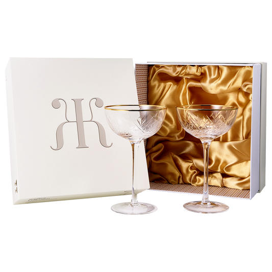 Vintage Art Deco Luxury Coupe Glasses Gift Box 24K Gold Rim Set of 2- 8 oz