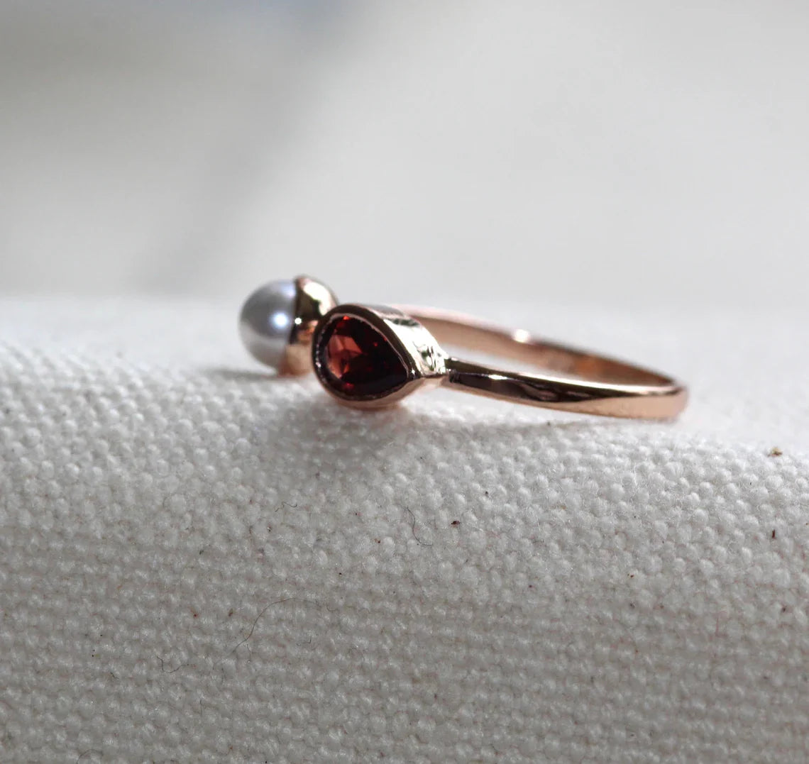 14k Natural Garnet & Pearl Open Cuff Ring by VicStoneNYC Fine Jewelry