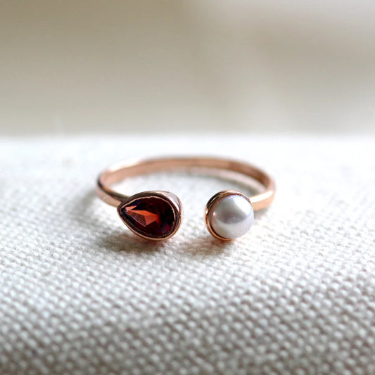 14k Natural Garnet & Pearl Open Cuff Ring by VicStoneNYC Fine Jewelry