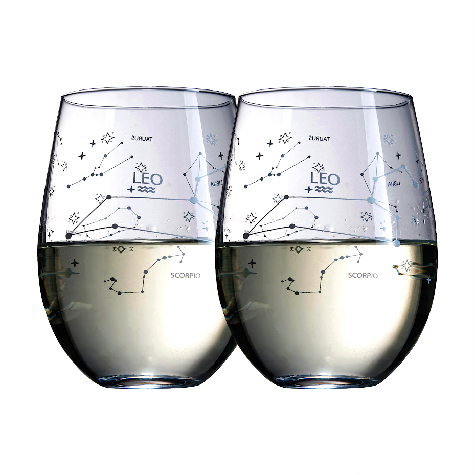 Set of 2 Leo Zodiac Sign Wine Glasses with 2 Wooden Coasters