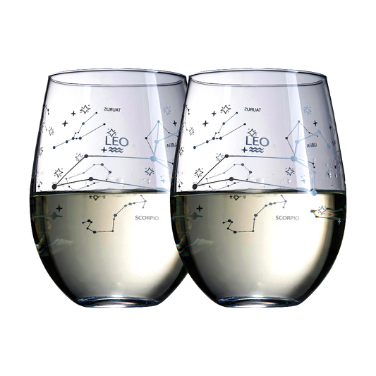 Set of 2 Leo Zodiac Sign Wine Glasses with 2 Wooden Coasters